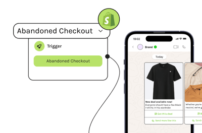 Mobile phone with WhatsApp carousel showing black t-shirt and popup from WhatsApp software saying Abandoned checkout