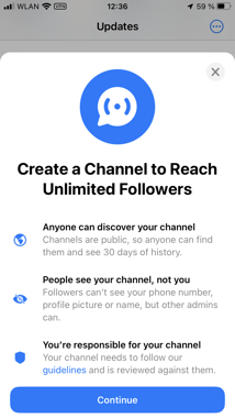 Phone screenshot showing page to create a WhatsApp channel and continue button