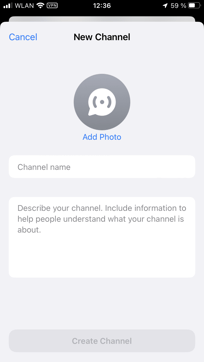 Phone screenshot showing form to set up WhatsApp channel name, description and photo