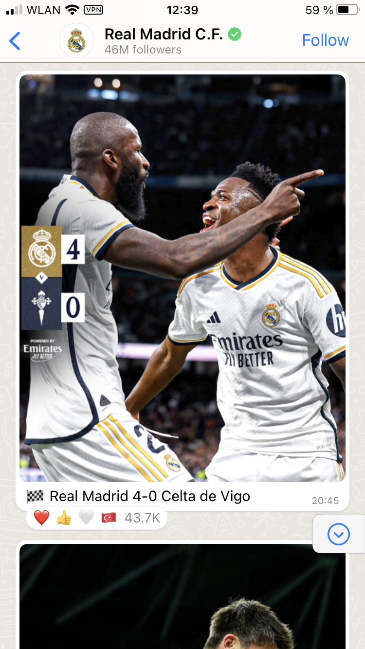 Phone screenshot showing Real Madrid's WhatsApp Channel