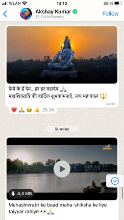 Phone screenshot showing Akshay Kumar's WhatsApp Channel