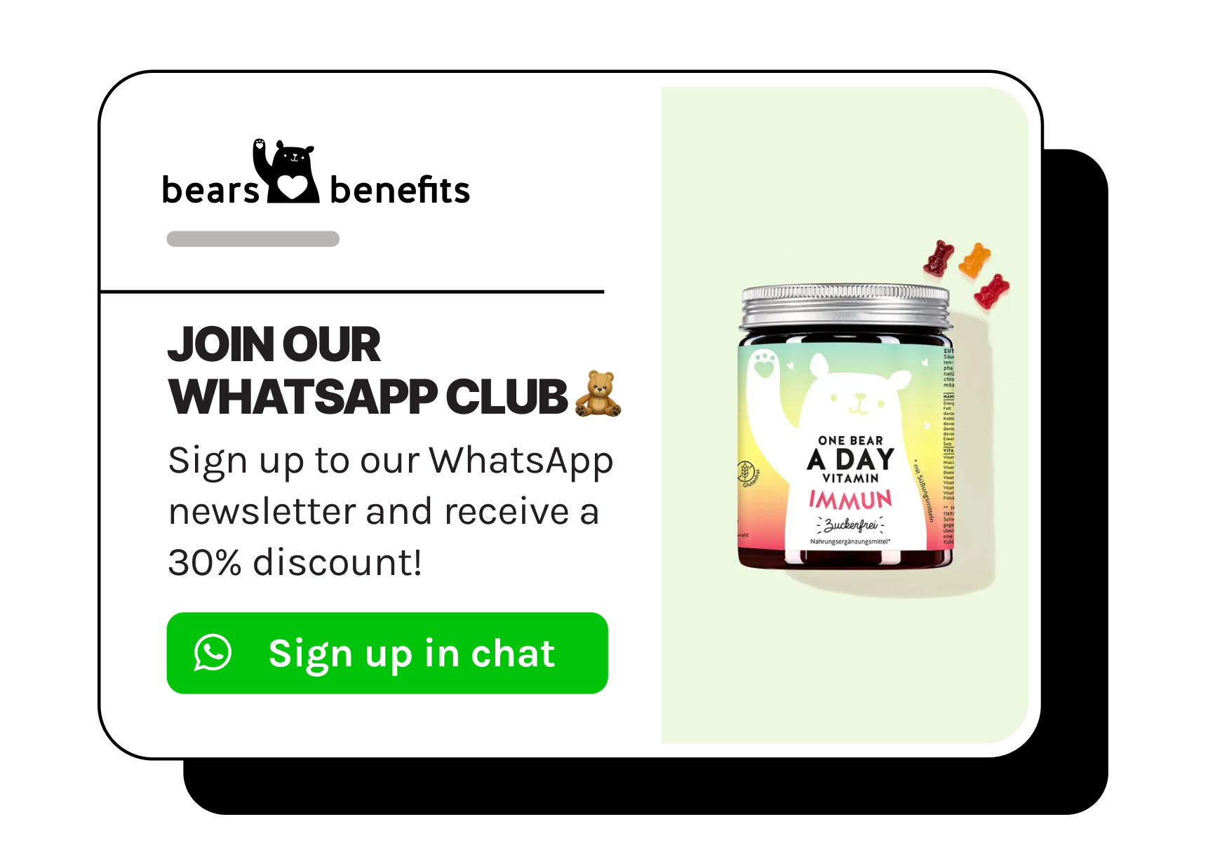 Website popup from Bears with Benefits encouraging people to sign up to WhatsApp marketing messages 