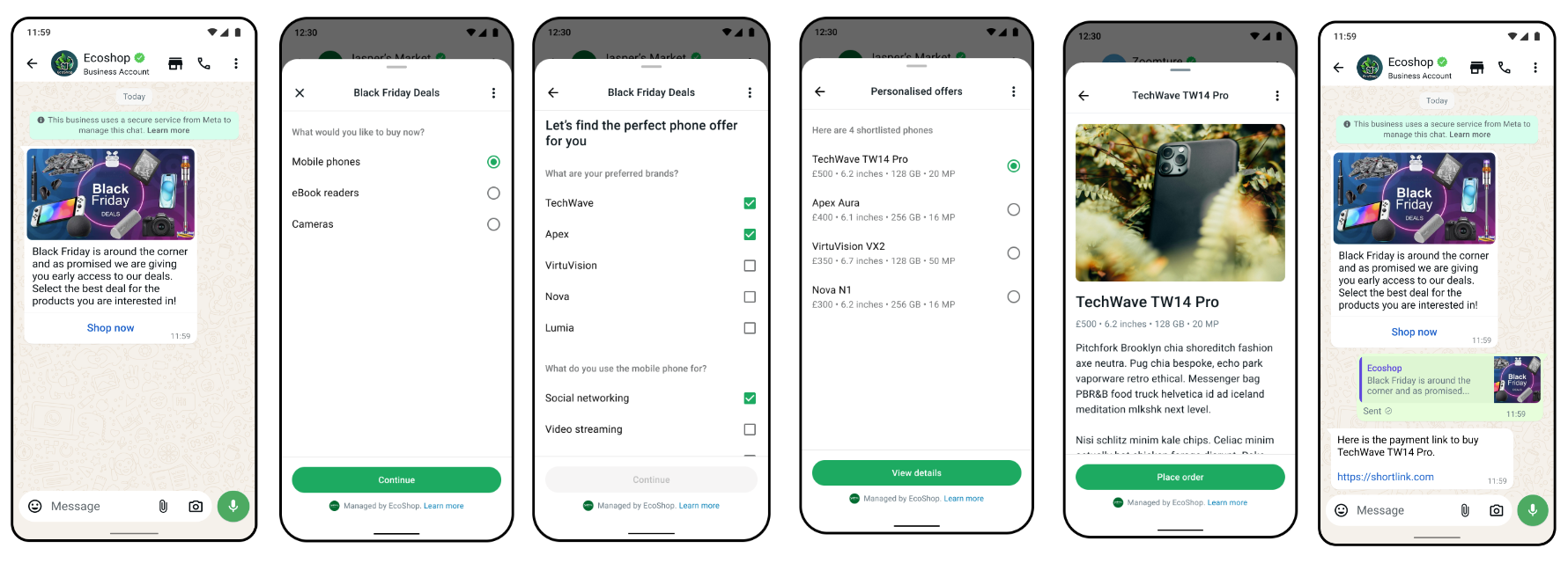 Example WhatsApp Forms shopping journey, from product and preference selection to personalised offers and a return to chat.