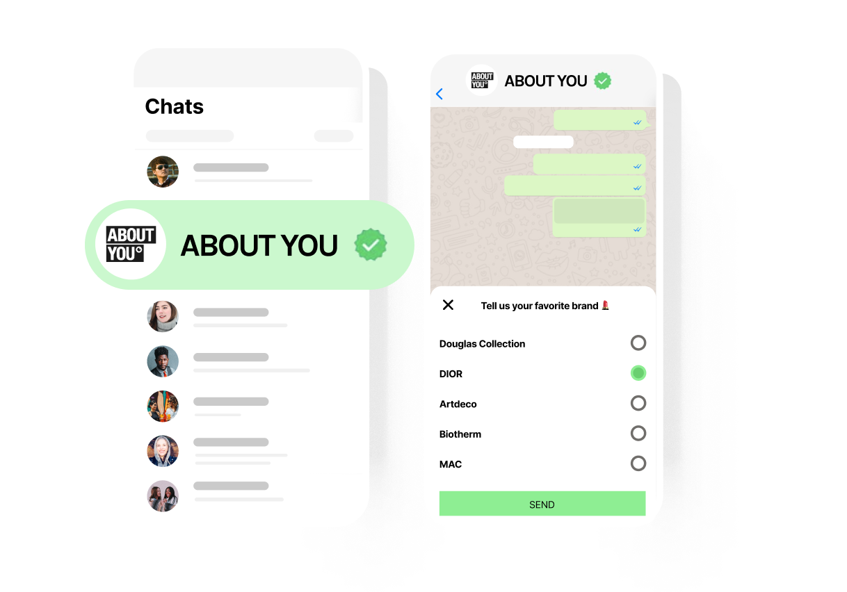 Mockup of a customer chat interface with a focus on brand interaction, featuring a chat list and conversation view.