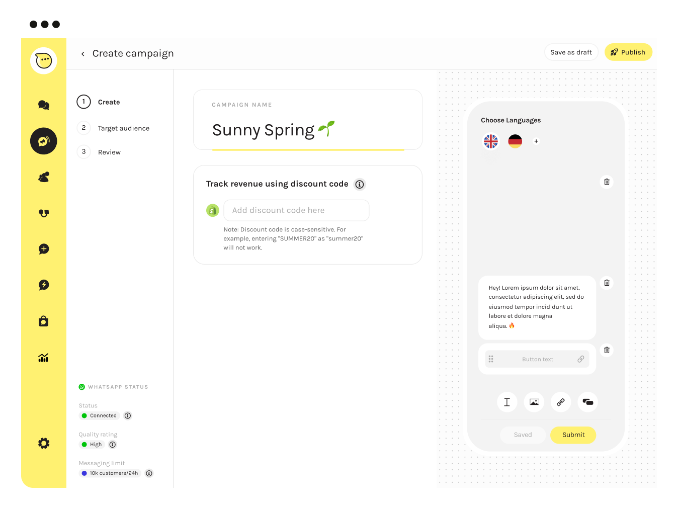 Interface for 'Create campaign' and options for targeting audience and tracking revenue with discount codes - Charles Whatsapp Business