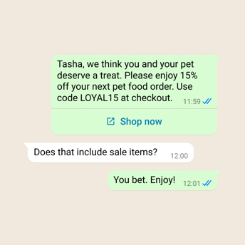 WhatsApp-Beispiel mit einem Rabattcode, einem Shop-Button und einer Rückfrage zu reduzierten Produkten.