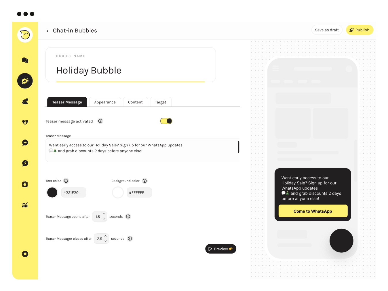 Screenshot of a Charles 'Chat-in Bubbles' interface for customizing holiday message bubbles with preview on a mobile phone - Whatsapp Marketing