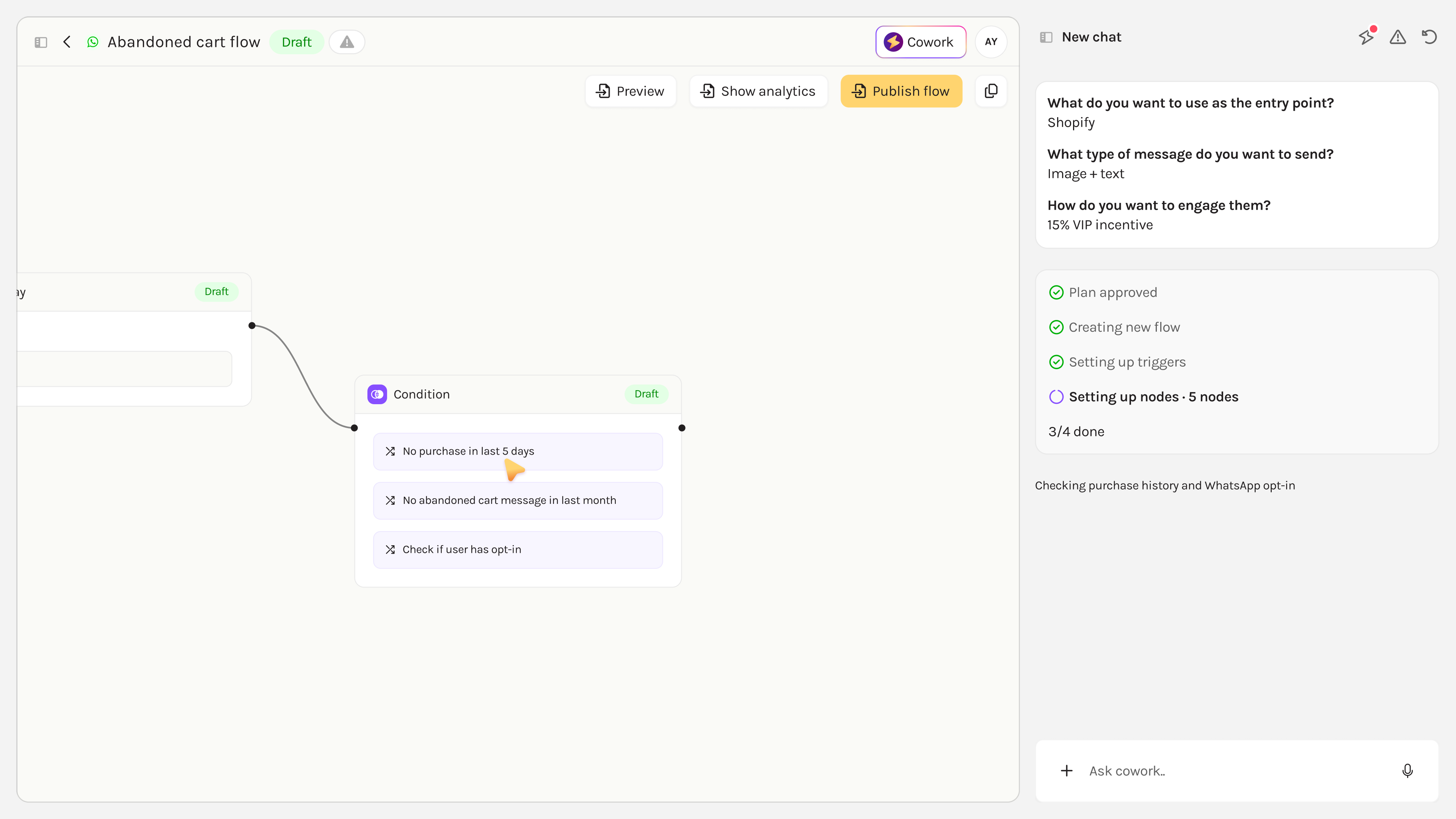 Abandoned-cart flow in charles with conditions for recent purchases, previous reminders and WhatsApp opt-in