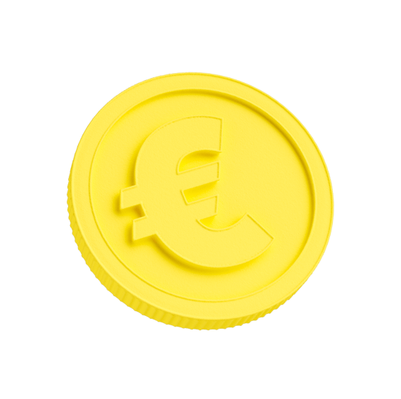 Bright yellow coin with embossed Euro currency symbol on a white background.