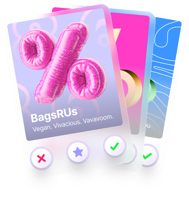 A stack of promotional cards with glitter text for 'BagsRUs' highlighting vegan and vibrant products.