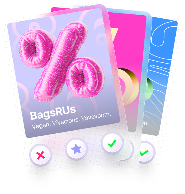 Una pila di schede promozionali con testo glitterato per 'BagsRUs' che mette in evidenza prodotti vegani e vibranti.