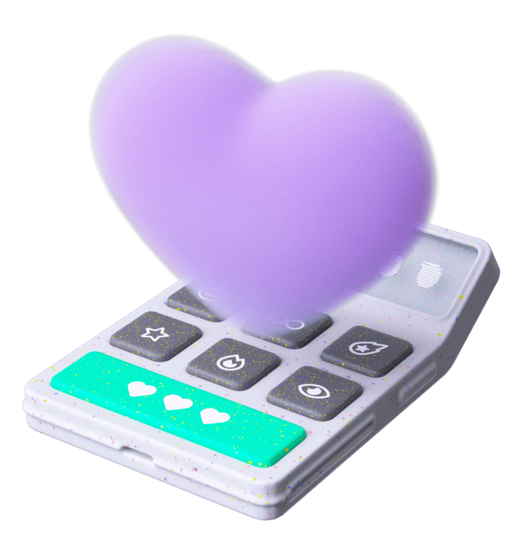 A purple heart emoticon rising from a smartphone with social media icons on its screen.