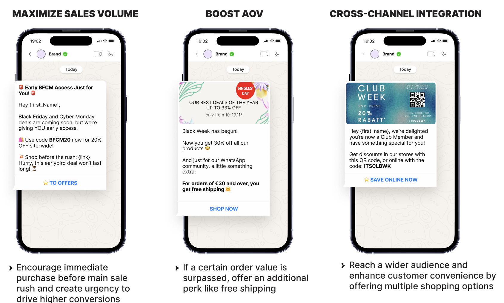Mobile phones showing WhatsApp messages to customers showing examples of Black Friday offers