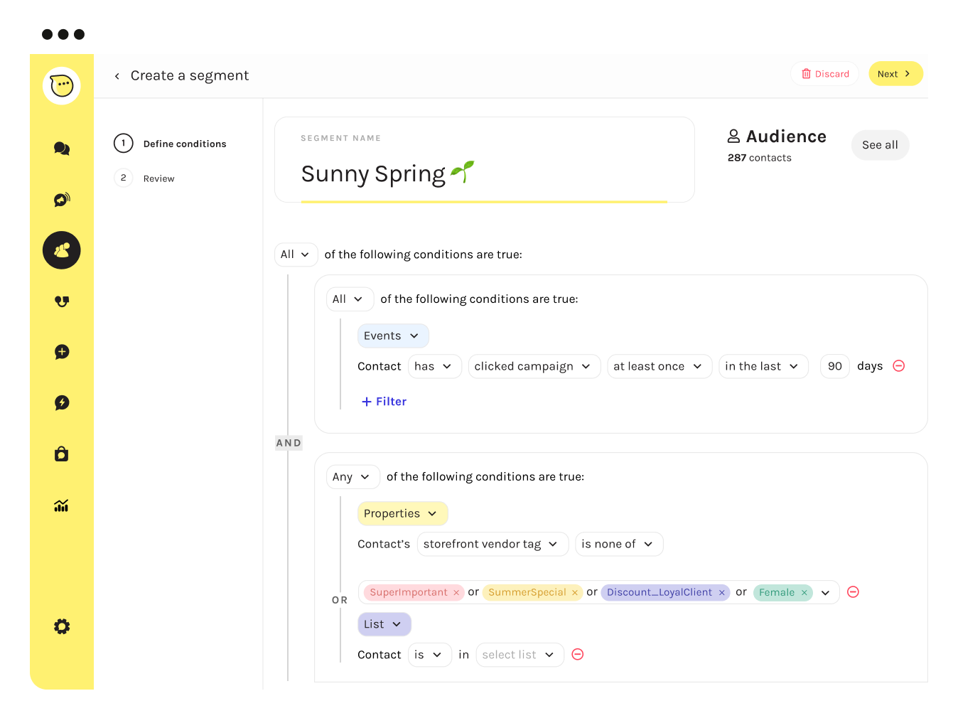 User interface of a Charles marketing software showing the 'Create a segment' screen - Whatsapp Platform