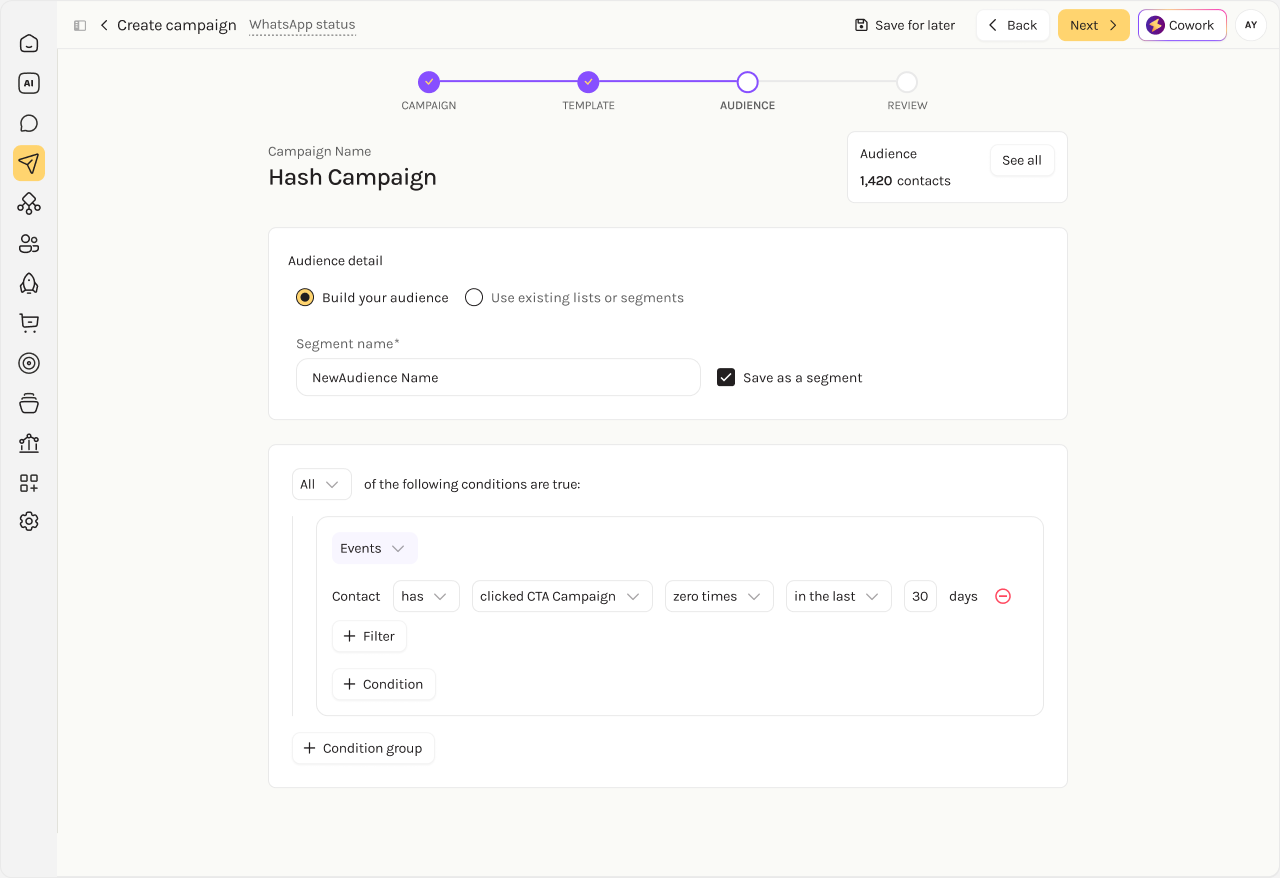 Campaign audience builder in charles, with a filter for campaign clicks in the last 30 days