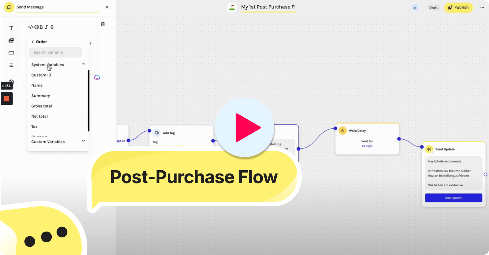 Video tutorial su come impostare un flusso post-acquisto per whatsapp e come collegarlo.