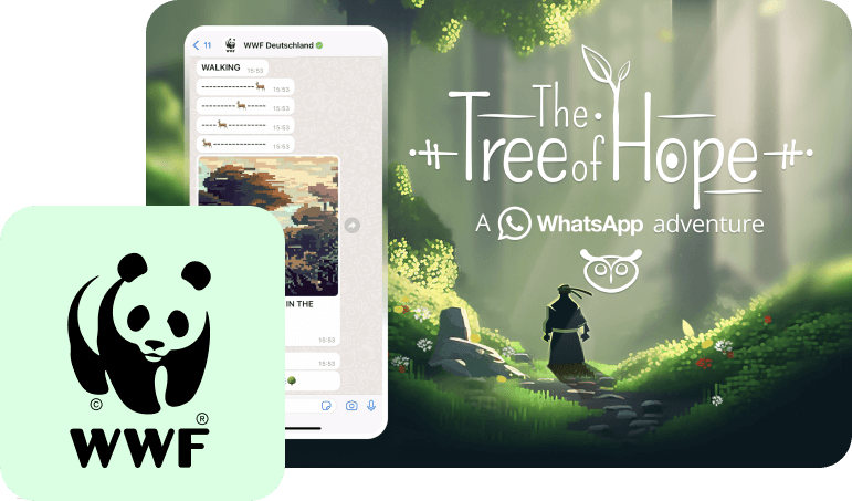 WWF Tree of Hope interactive WhatsApp adventure game interface on a smartphone.