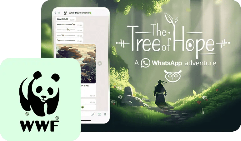 WWF Tree of Hope interactive WhatsApp adventure game interface on a smartphone.