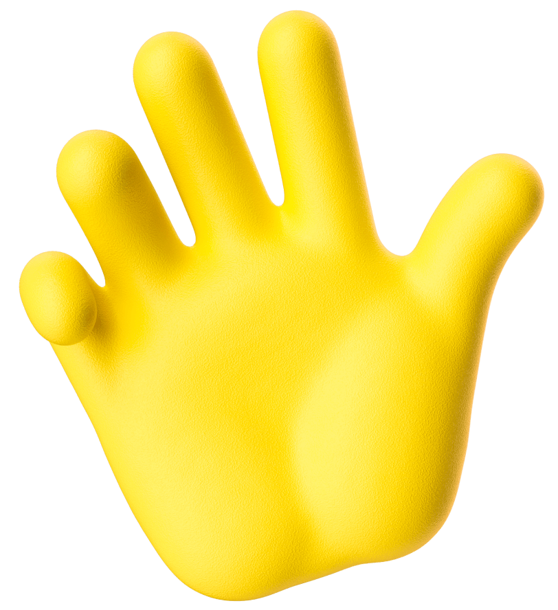 A three-dimensional yellow hand in a waving gesture.