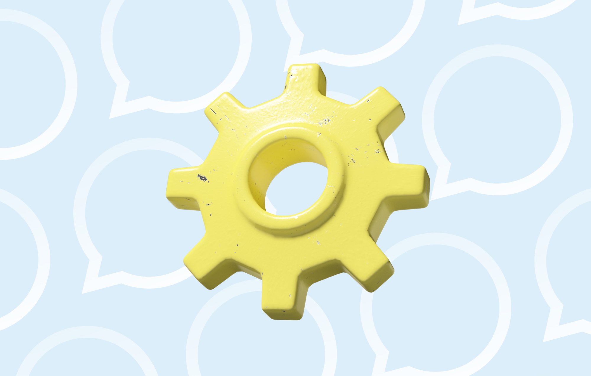 yellow 3d cog on a blue background of chat bubbles for WhatsApp service integrations blog post