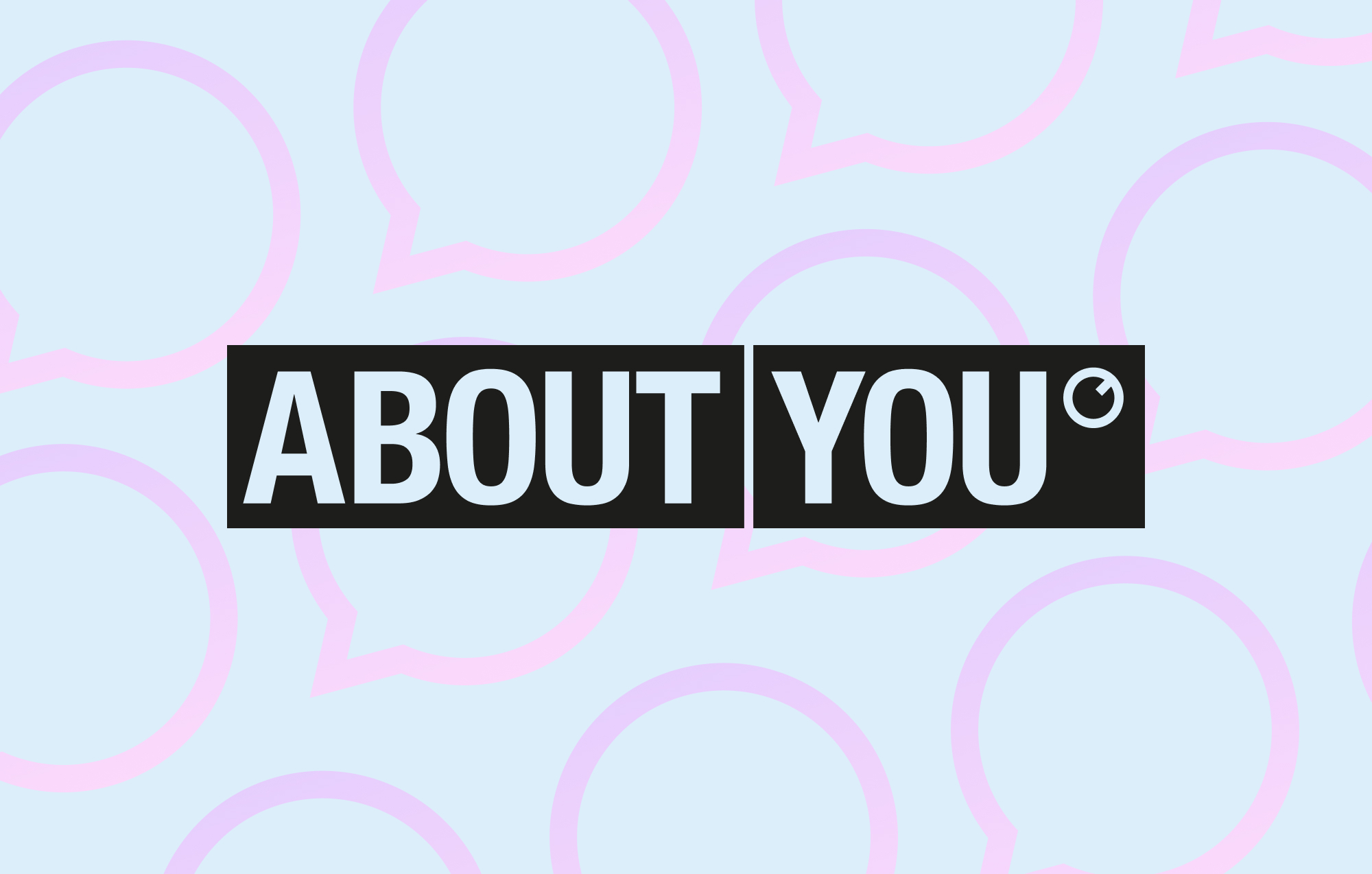 ABOUT YOU logo on a background of pink chat bubbles | charles
