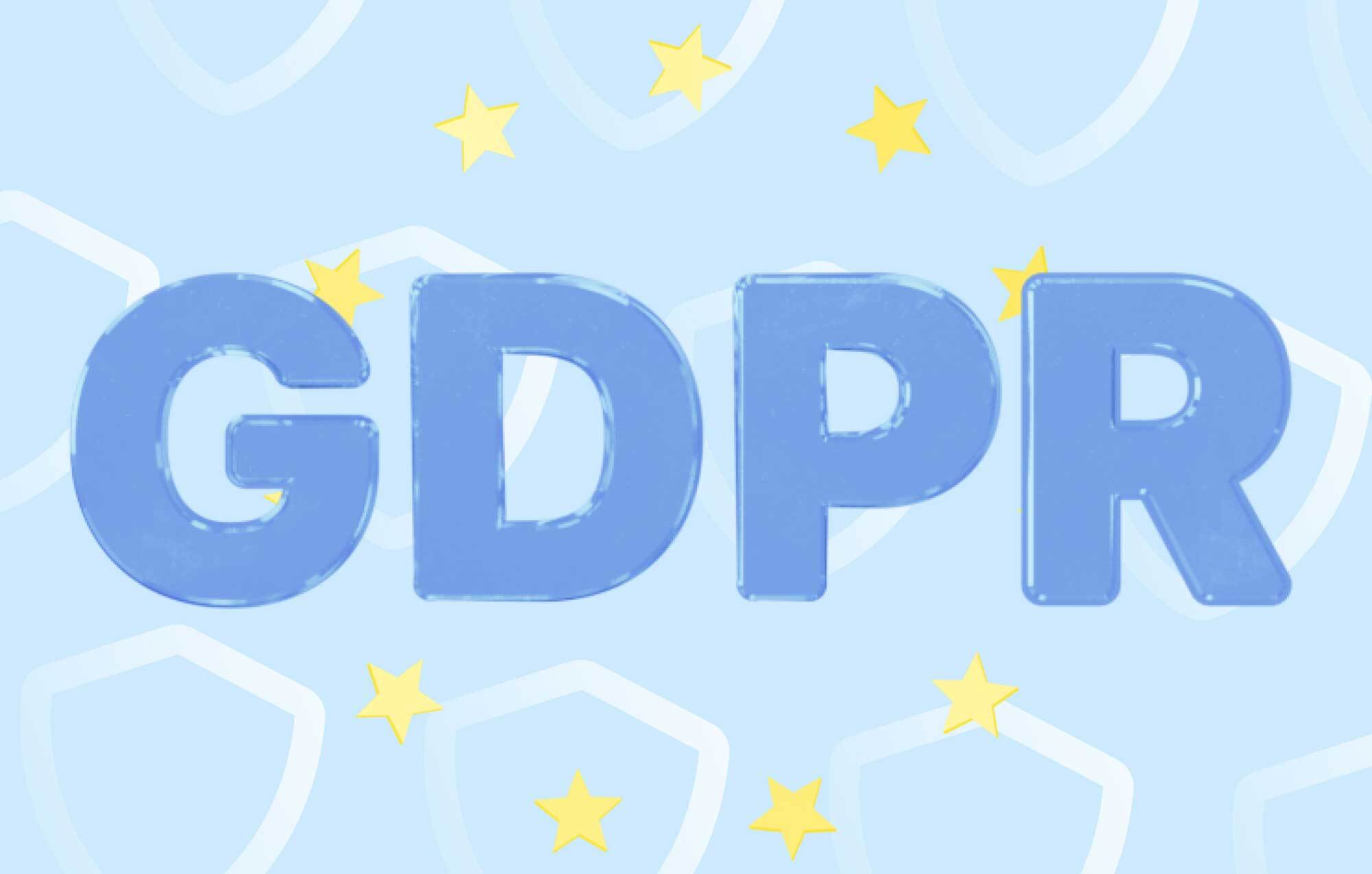 GDPR sign with EU stars on background of blue shields for charles blog post about WhatsApp opt-ins