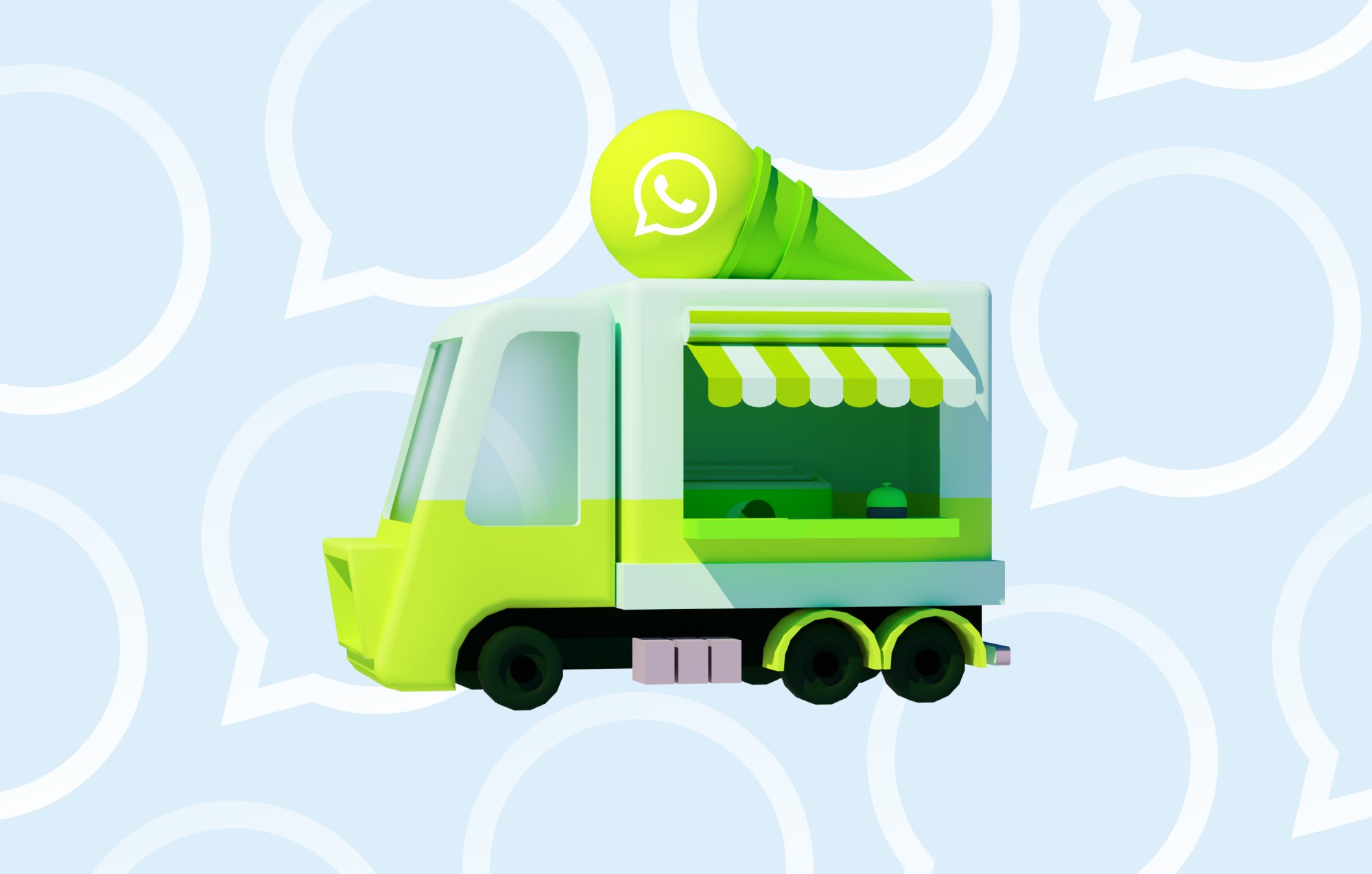 Cute green ice-cream truck wth WhatsApp logo for charles blog post about WhatsApp marketing agencies