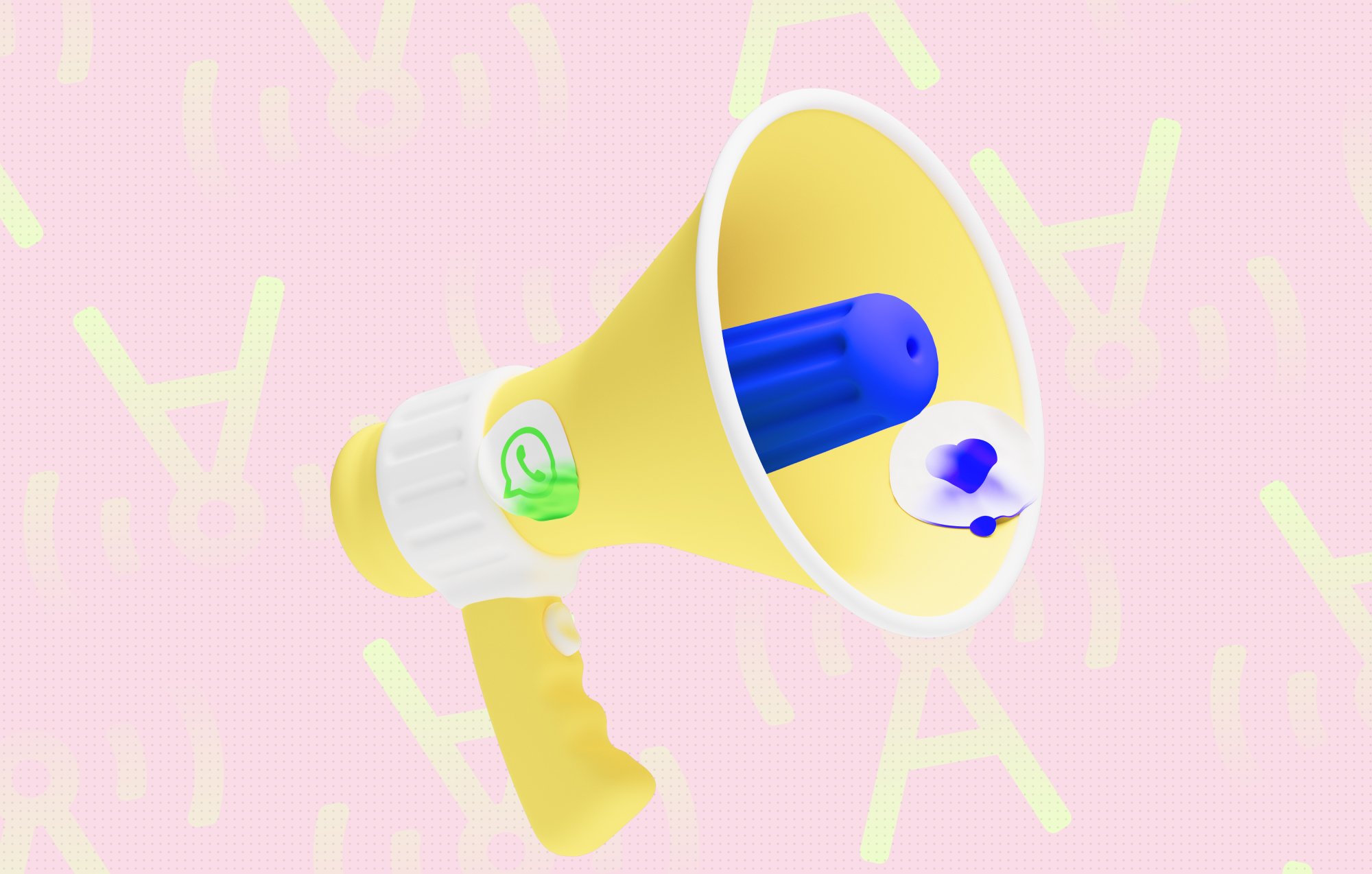 Yellow megaphone on a pink background with WhatsApp logo, for charles blog post about WhatsApp Channels