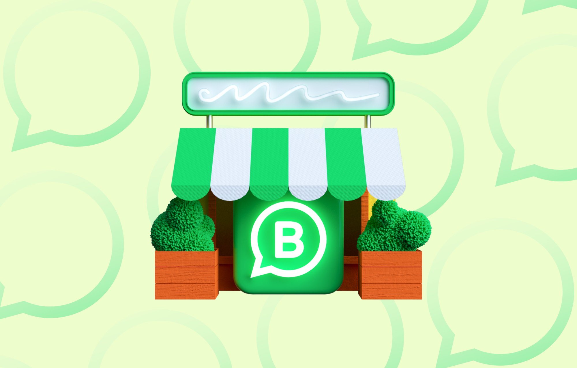 WhatsApp Business app article by charles: picture of a green and white market stall with the WhatsApp Business logo