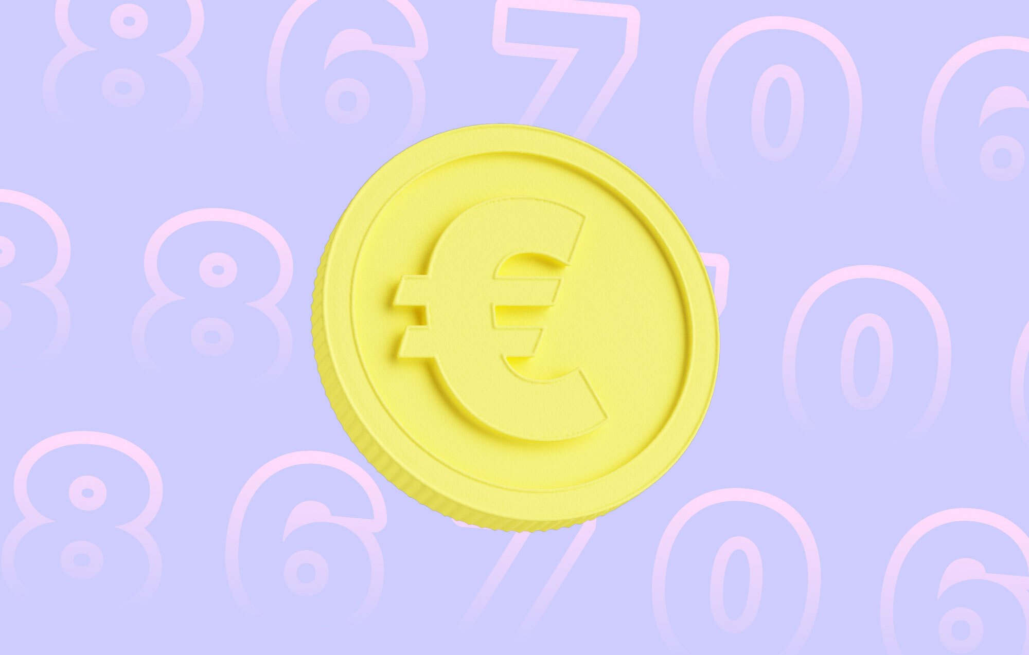 Yellow coin with euro symbol with pink numbers in the background – for charles article about getting your first purchase with WhatsApp marketing