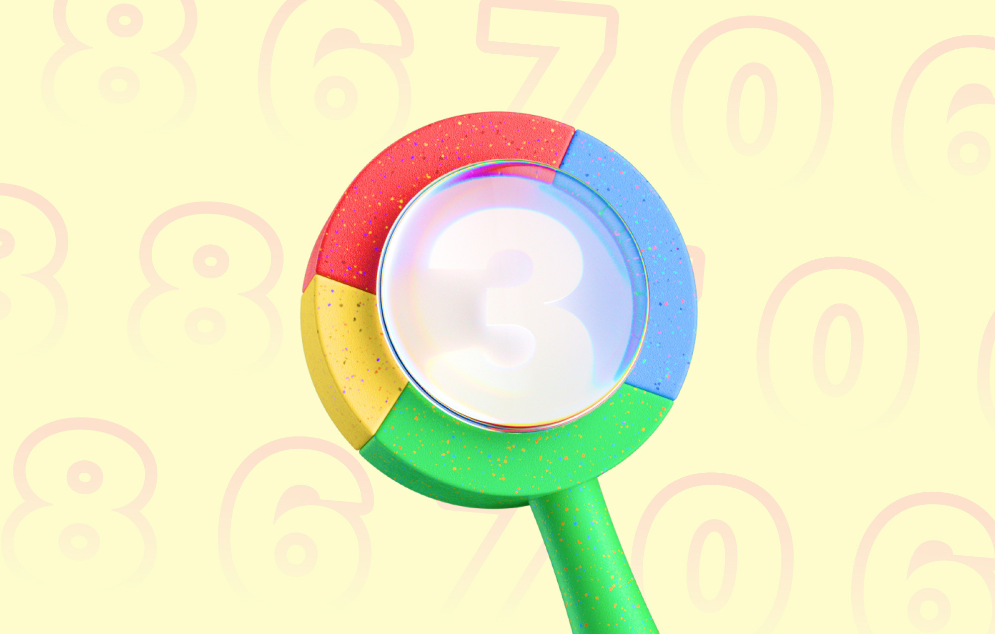  Immagine di intestazione per un articolo sul blog di Google Analytics: una lente d'ingrandimento nei colori del marchio Google che ingrandisce i numeri.